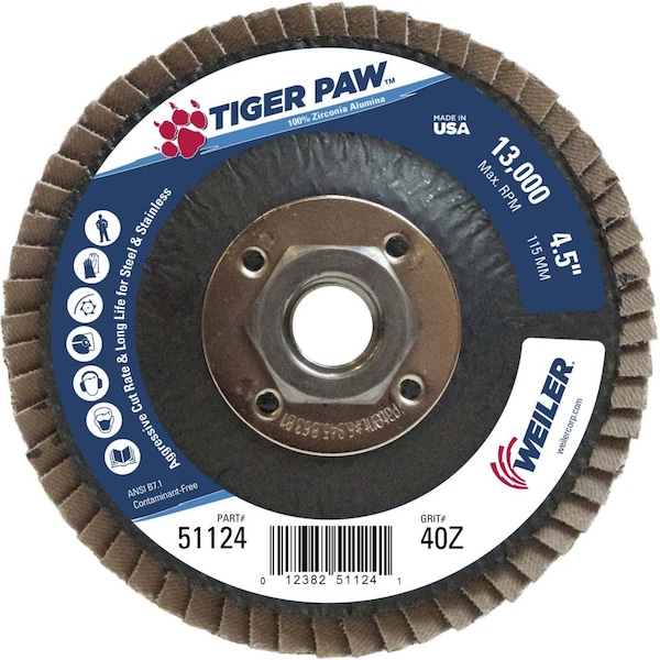 Weiler 4-1/2" Tiger Paw Abrasive Flap Disc, Conical (TY29), 40Z, 5/8"-11 UNC 51124 - main